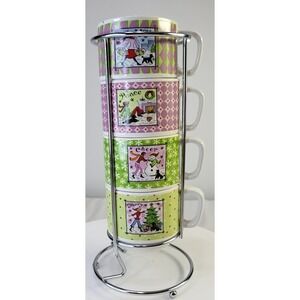 Cypress Home Holiday Espresso Coffee Mug Set 4 Stackable Cups Caddy with Box